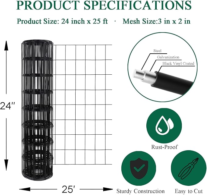 Black PVC Coated Welded Wire Fence 24 Inch x 25 Foot, 2 Inch x 3 Inch 16GA, Garden Border Fencing Roll Vinyl Coating Metal Wire Mesh for Yard Vegetable Plant Protection Poultry Netting-VerdiqueGarden
