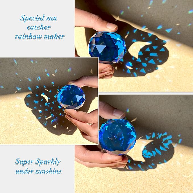 Fonmy Gazing Ball Spiral Tail -Decorative Wind Spinner Sun Catcher Rainbow Maker 11 inch Tail and 2 inch Peacock Blue Crystal Orb. Indoor Outdoor Garden Decoration -13 inch Height-VerdiqueGarden