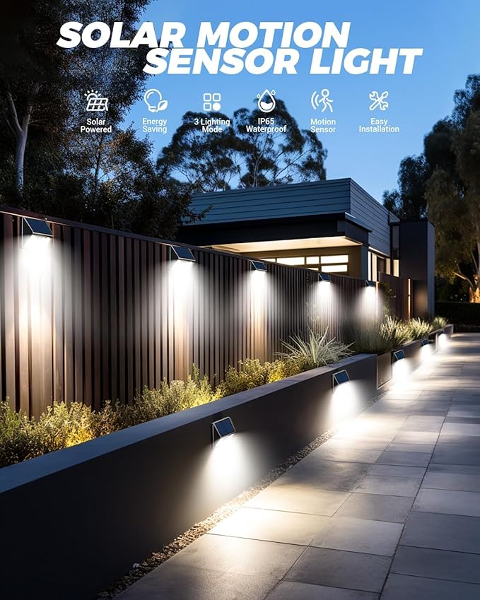 4 Pack Solar Motion Lights Outdoor, Waterproof Fence Lights Solar Powered with 3 Lighting Mode, Cold White LED Step Light for Outside Wall Yard Deck Stairs Garden - Black-VerdiqueGarden