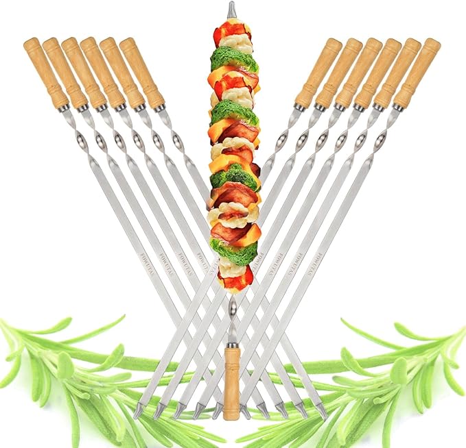 23.6" Large Size Kabob Skewers Flat Metal BBQ Barbecue Skewer Wooden Handle Stainless Steel Shish Kabob Stick Wide Reusable Grilling Set Meat Shrimp Chicken Vegetable Kebab Fork Sausage-12PCS-VerdiqueGarden