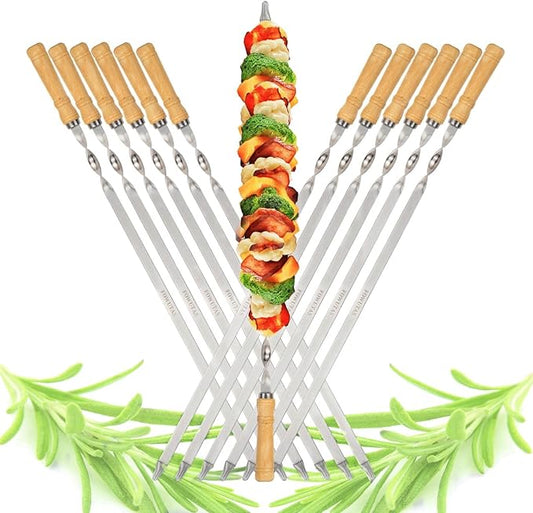 23.6" Large Size Kabob Skewers Flat Metal BBQ Barbecue Skewer Wooden Handle Stainless Steel Shish Kabob Stick Wide Reusable Grilling Set Meat Shrimp Chicken Vegetable Kebab Fork Sausage-12PCS-VerdiqueGarden