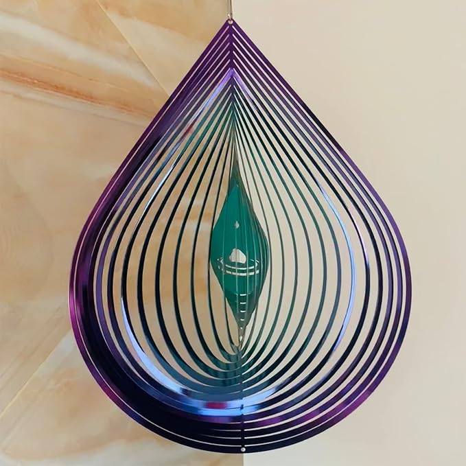Wind Spinner Garden Indoor Outdoor Decor 3D Stainless Steel Metal Hanging Decorations, 3D Water Droplets Pattern Metal Wind Sculptures & Spinners Whirligig Gifts with 12inch(Green&Purple)-VerdiqueGarden