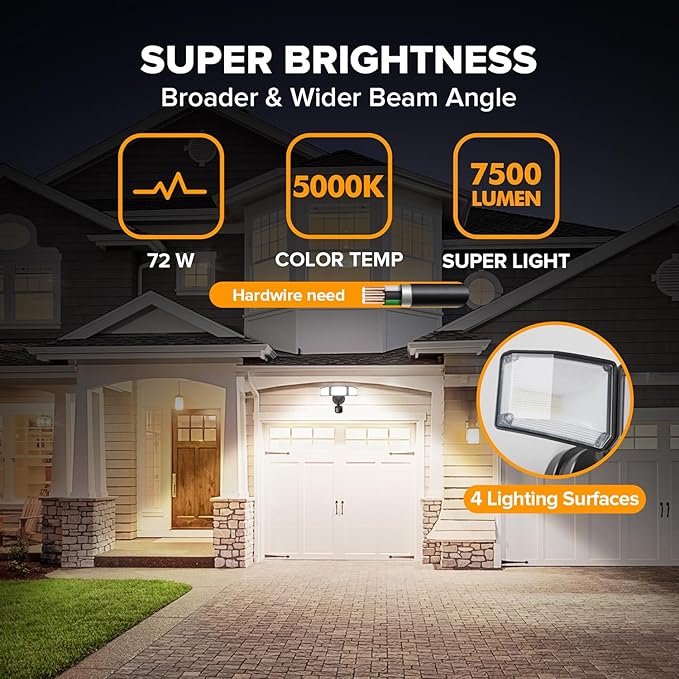 LUTEC 2 Pack 72W 7500LM LED Security Lights Motion Sensor Light Outdoor, 5000K Daylight, IP65 Waterproof, Dusk to Dawn, 3-Head Motion Detected Flood Light for Garage, Yard, Porch(Black)-VerdiqueGarden