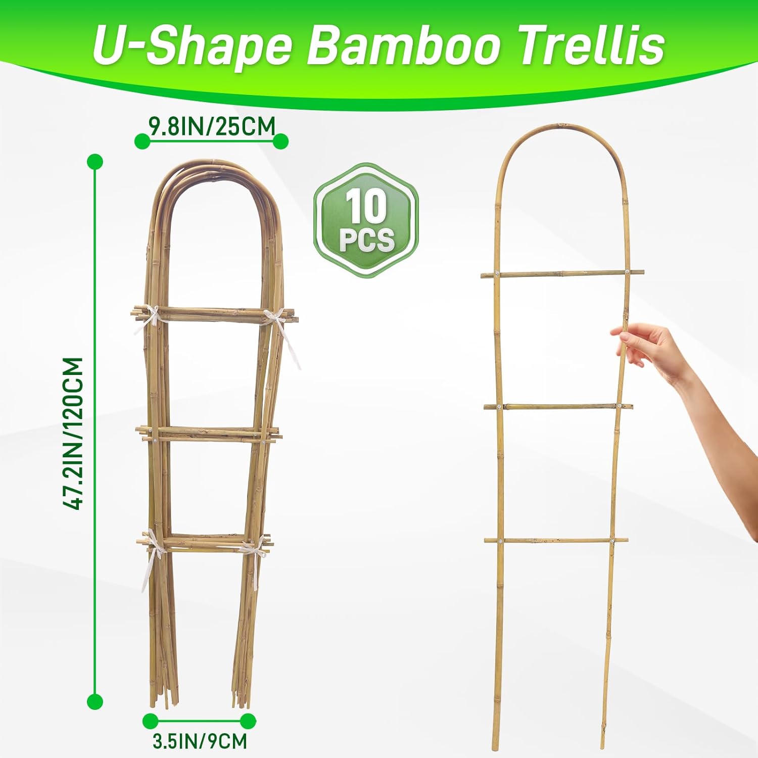10 Pack 4ft U-Shape Bamboo Trellis for Climbing Plants, Natural Garden Trellis for Tomatoes, Cucumbers, Potted Plants, Vegetables Indoor Outdoor-VerdiqueGarden