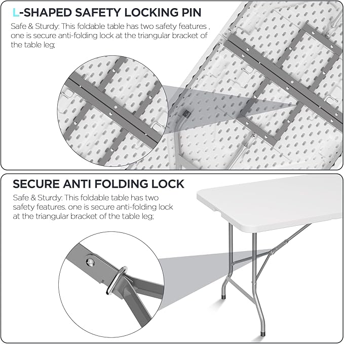 HLPB Folding Table Picnic Table, 8 ft Portable Camping Table with Handle and Safety Locks, Foldable Table Plastic Dining Table Indoor Outdoor for Camping, Picnic and Party-VerdiqueGarden