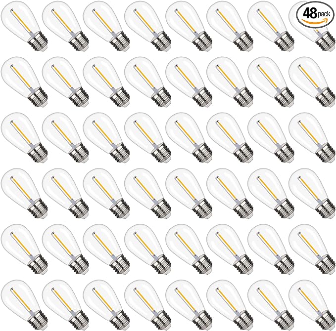 S14 Replacement LED Light Bulbs, Shatterproof & Waterproof 1W S14 LED Bulbs, E26 Base Patio Edison LED Light Bulbs for Outdoor String Lights , Warm White 2200K Plastic 70ML Non-Dimmable 48 Pack-VerdiqueGarden