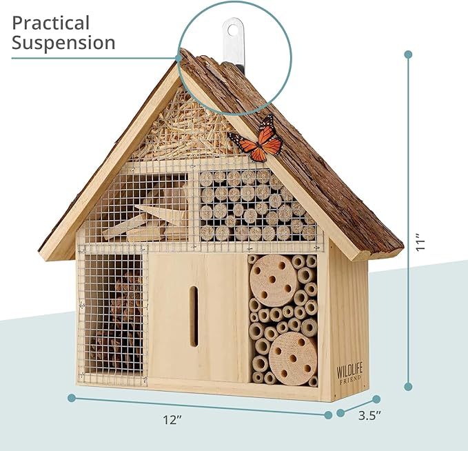 Small Insect Hotel with Bark Roof - Untreated Natural Wood Insect House for Bees, Ladybugs, Lacewings & Butterflies - Nesting Aid for Hanging, Bee Hotel-VerdiqueGarden