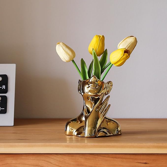 BrownLove Golden Ceramic Face Vase, Modern Golden Decorative Art Vase, Bookshelf Placed On The Desktop, Small Living Room, Office and Bedroom-VerdiqueGarden