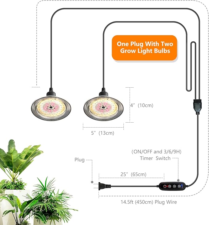 Grow Light Bulbs Indoor Plants Lights Adjustable Cord,Timer, Full Spectrum Plant Growing Lamp for Seedling,Greenhouse,Seedlings (1 Light (14.7ft))-VerdiqueGarden