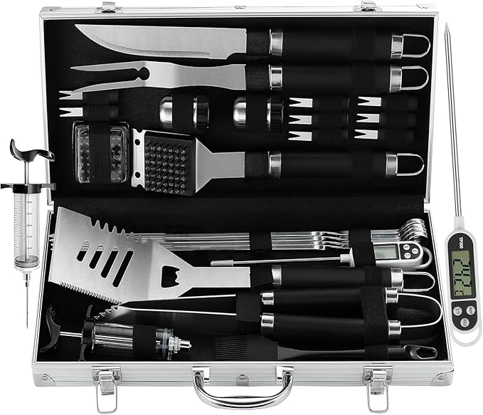 Grilljoy 24PCS BBQ Grill Tools Set with Meat Thermometer and Injector - Extra Thick Stainless Steel Fork, Spatula& Tongs - Complete BBQ Accessories in Aluminum Case - Perfect Grill Gifts for Men-VerdiqueGarden