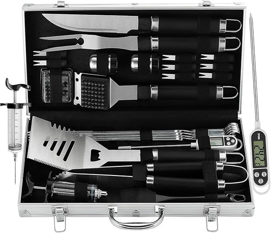 Grilljoy 24PCS BBQ Grill Tools Set with Meat Thermometer and Injector - Extra Thick Stainless Steel Fork, Spatula& Tongs - Complete BBQ Accessories in Aluminum Case - Perfect Grill Gifts for Men-VerdiqueGarden