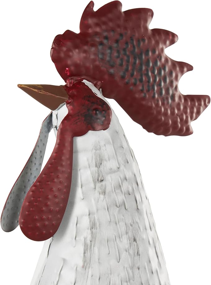 Deco 79 Metal Rooster Decorative Garden Sculpture Garden Statue with Black Texturing and Red Accents, Outdoor Sculpture 15" x 6" x 18", White-VerdiqueGarden