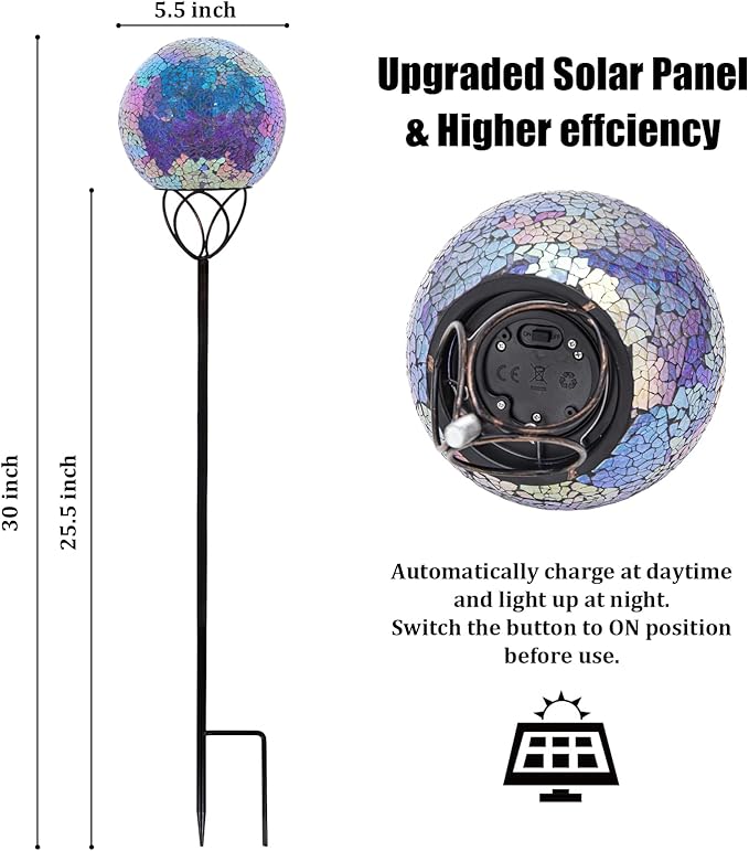 VCUTEKA Solar Lights Outdoor Garden Decor Mosaic Solar Garden Lights Waterproof Glass Ball LED Pathway Stake Light for Landscape Lawn Patio Yard Decoration Purple 6 inch-VerdiqueGarden