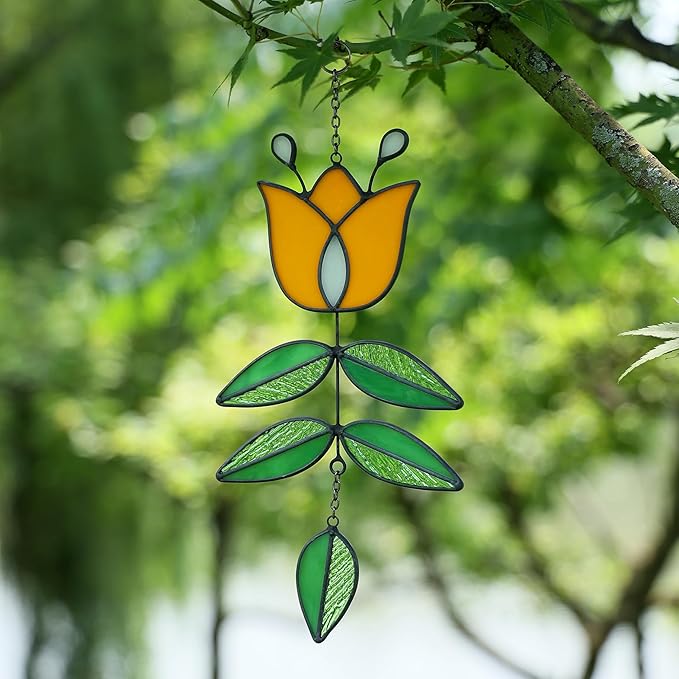 Tulip Stained Glass Suncatcher, Valentines Day Gifts, Folk Flower Stained Glass Window Hanging Sun Catcher, Retro Home Decor, Window Decorations for Plant Lovers, 9.4" x 4.7"-VerdiqueGarden