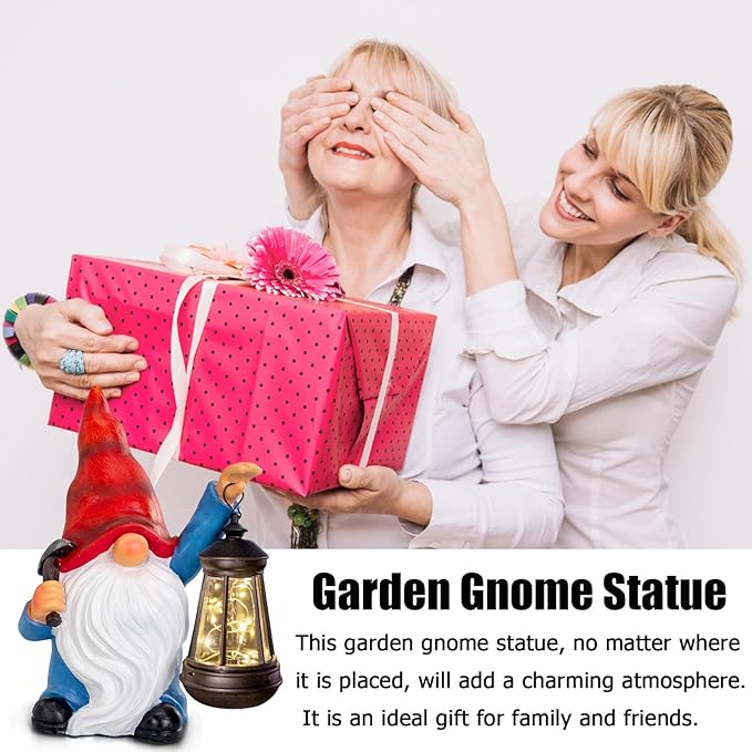 Garden Gnome Statue Solar Light Outdoor Decorations Figurine with Lantern Led Shovel Sculpture Lawn Patio Yard Porch Outside Christmas Housewarming Gifts for Women Mother's Day Grandma-VerdiqueGarden
