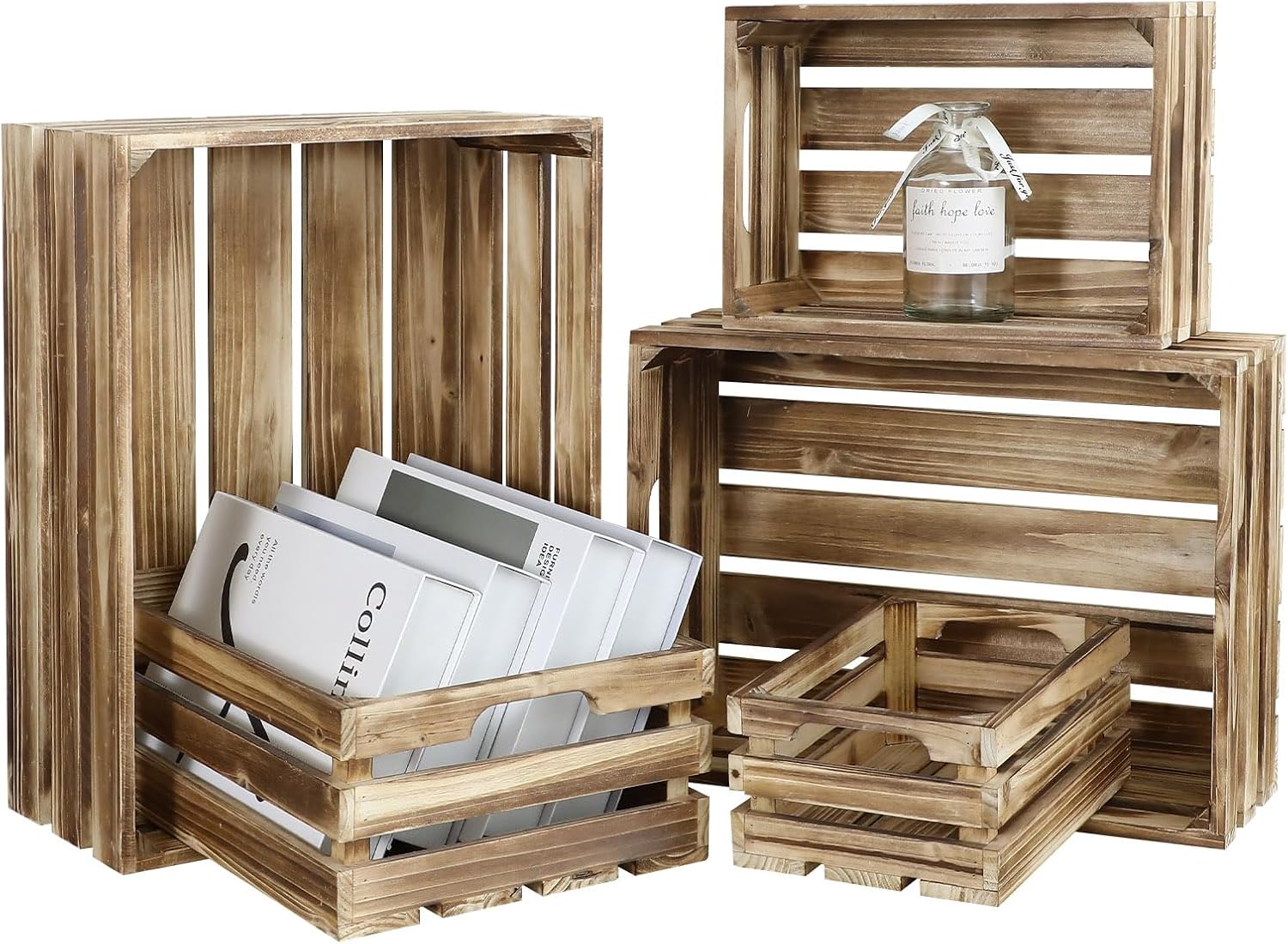 5-Piece Farmhouse Wooden Crate Set - Rustic Wooden Crates for Display and Storage, Large Torched Decorative Crates, Farmhouse Apple Crates, Painted Wood Crates for Decor-VerdiqueGarden