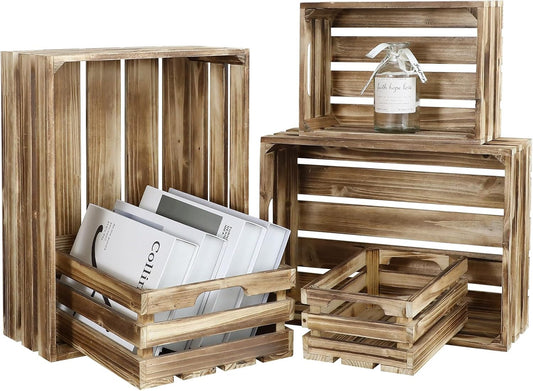 5-Piece Farmhouse Wooden Crate Set - Rustic Wooden Crates for Display and Storage, Large Torched Decorative Crates, Farmhouse Apple Crates, Painted Wood Crates for Decor-VerdiqueGarden