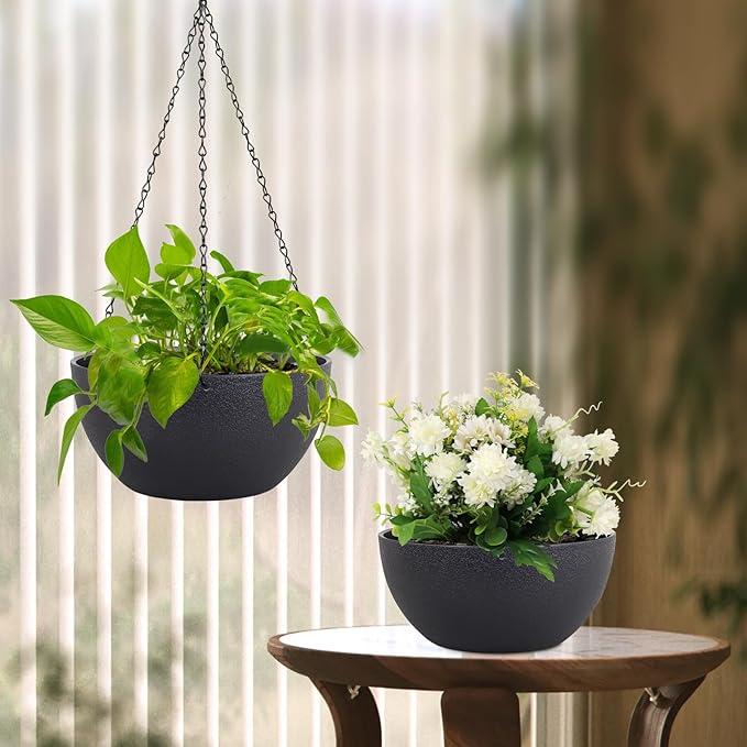 10 inch Hanging Planters for Indoor Outdoor Plants, 2 Pack Hanging Flower Pots with Drainage Holes and Chain for Garden Porch Plants, Round Plastic Hanging Baskets for House Plants, Black-VerdiqueGarden