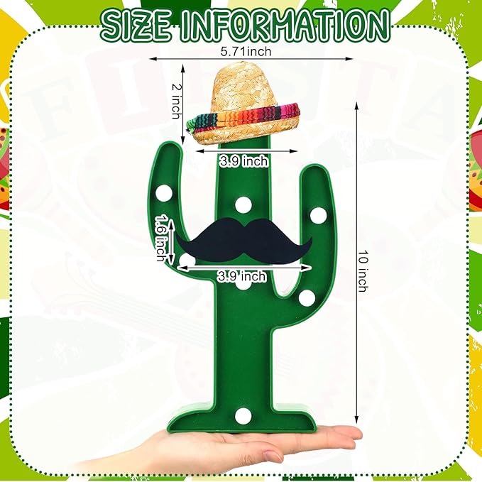 12 Pcs Cinco de Mayo LED Cactus Light with Mini Sombrero Straw Hats and Fake Beard Cinco De Mayo Table Decor Mexican Party Supplies for Table Room Bedroom Party Decoration (4.72 x 2.76 Inch)-VerdiqueGarden