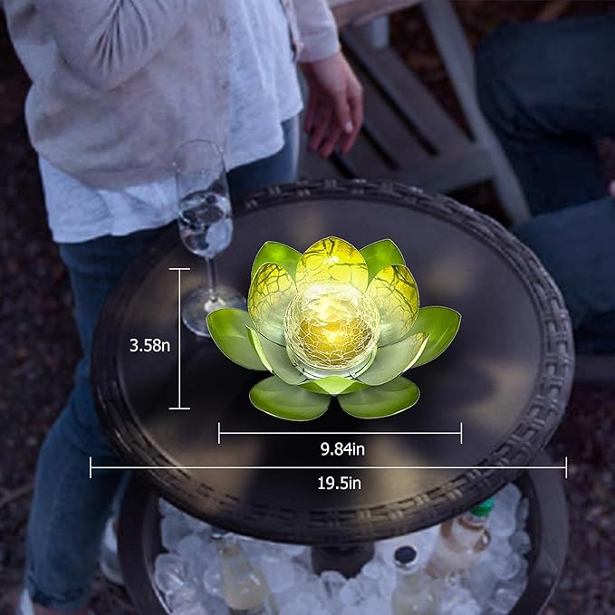 Huaxu Solar Lights Outdoor Garden Decoration Crackle Globe Glass Waterproof LED Metal Green Lotus Flowers Gift for Mom,Women,Patio,Lawn,Walkway,Tabletop,Ground-VerdiqueGarden
