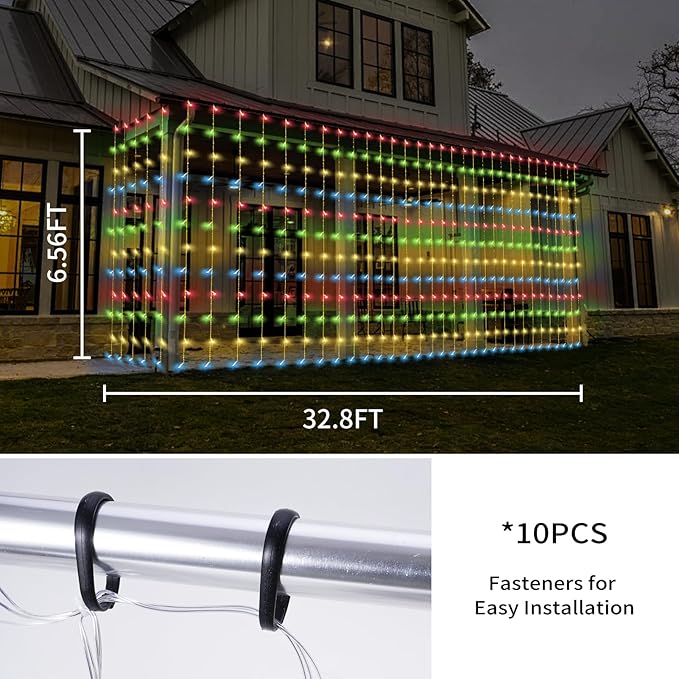 32.8 * 6.56FT Large Size Solar Curtain Lights Outdoor, 8 Modes String Icicle Lights, Garden Christmas Decortions for Patio, Gazebo, Eaves, Fence, Tree, Porch (Multicolor)-VerdiqueGarden