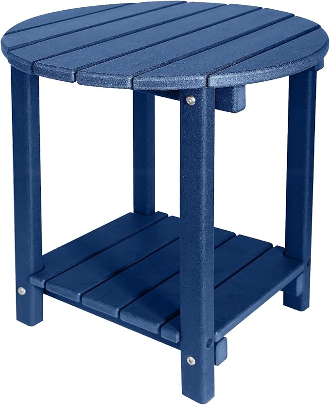 Adirondack Round Outdoor Side Table 2-Tier Storage Patio Side Table, HDPE End Tables for Backyard Pool Porch Garden Lawn (Blue)-VerdiqueGarden