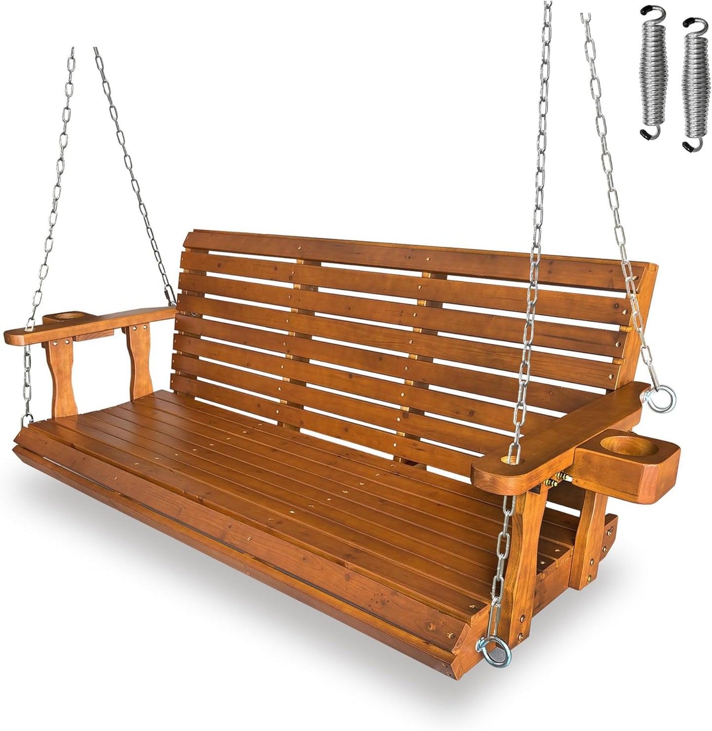 Wooden Porch Swing 2-Seater, Bench Swing with Cupholders, Hanging Chains and 7mm Springs, Heavy Duty 800 LBS, for Outdoor Patio Garden (Warm Teak Color, 5 FT Extra Large)-VerdiqueGarden