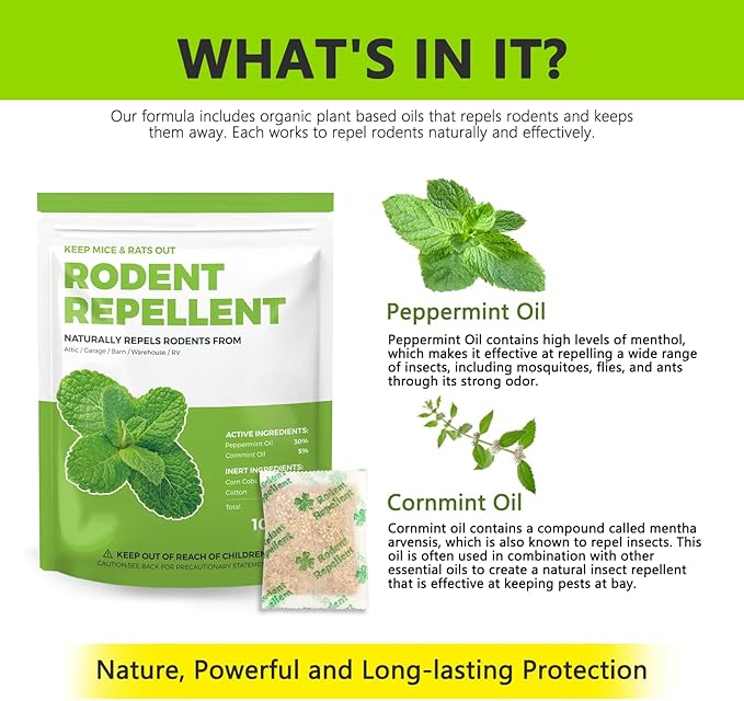 Mice Repellent Indoor, Peppermint Oil to Repel Mice and Rats, Extra-Strength Plant-Based Mice Repellent Rat Repellent for House Squirrel Repellent Rodent Deterrent for Indoor Use (Pack of 10)-VerdiqueGarden