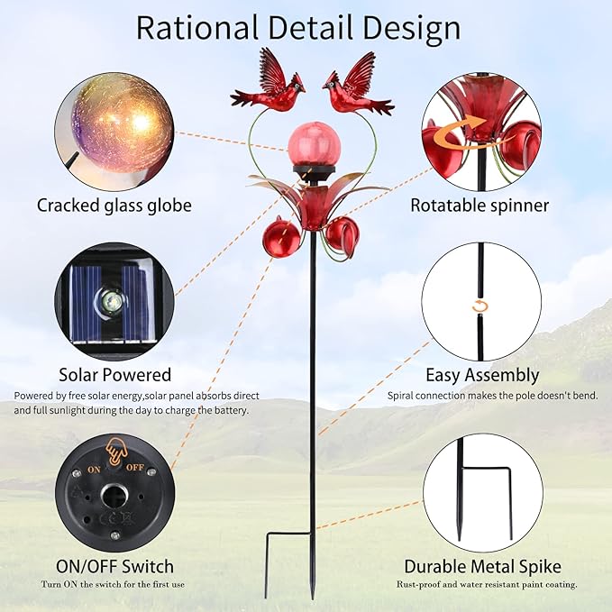VCUTEKA Cardinal Solar Lights Outdoor Metal Garden Stake Waterproof Crackle Glass Globe Garden Decor Cardinal for Pathway, Lawn, Patio, Yard-VerdiqueGarden