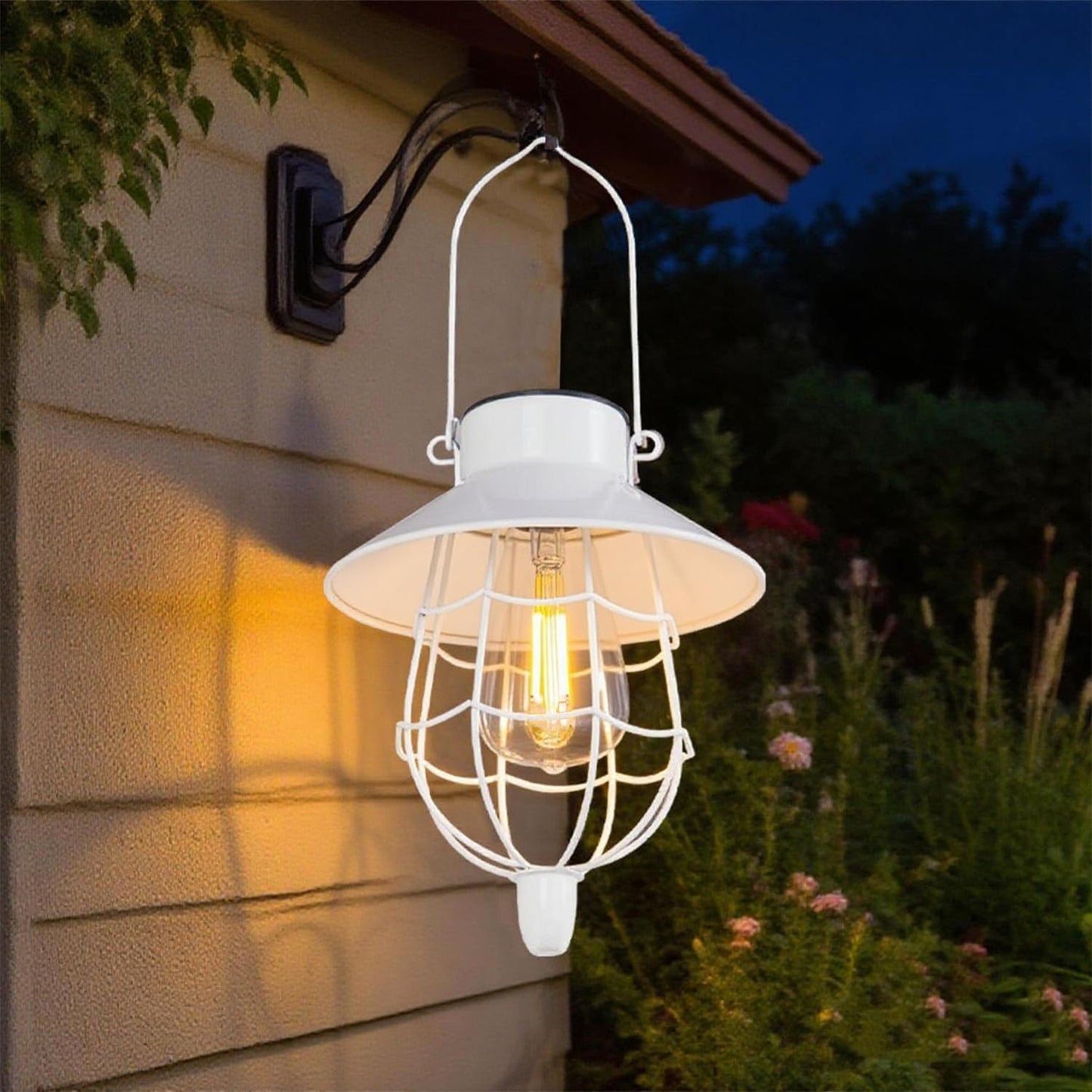 YAKii 2 Pack Solar Lantern Hanging Waterproof Outdoor Metal Solar Lamp with Warm White Light Decorate for Yard Garden Pathway Patio Porch Decor (White)-VerdiqueGarden