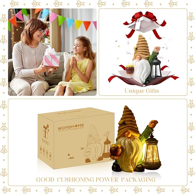 12.3''Solar Garden Gnome Outdoor Decor Honey Bee jar Gnome Statue with LED Lantern Fall Patio Yard Art Decoration Christmas Gardening Birthday Gifts for Women Mom, Honey Bee Gnome-VerdiqueGarden