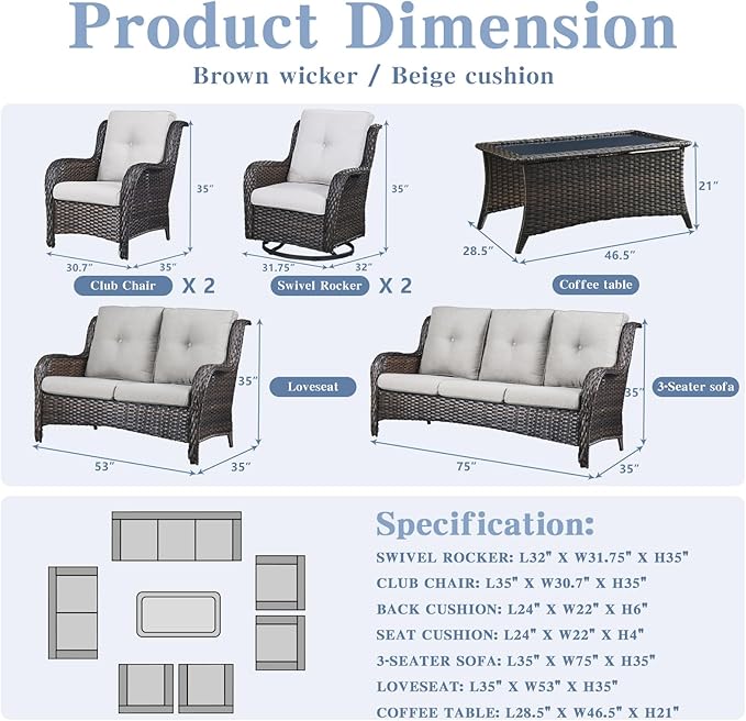 Outdoor Wicker Furniture Patio Set - 7 Piece Backyard Furniture Brown Rattan Conversation Sets with Swivel Rocker Chairs, Rattan Sofa, Club Chairs and Coffee Table, Beige Cushion-VerdiqueGarden