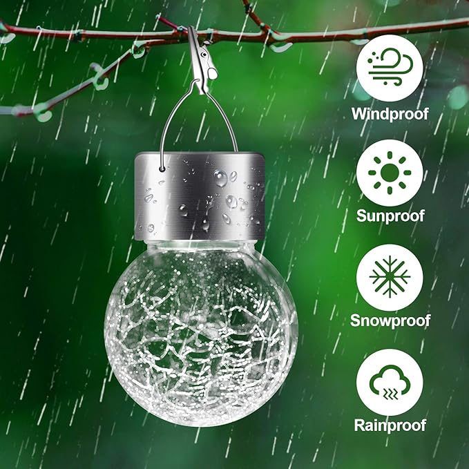 Solar Lights Outdoor Hanging Decorative Globe 24 Pack, Waterproof Solar Lantern with Handle and Clip, Solar Powered Glass Ball Lights for Garden Yard Fence Tree Umbrella Holiday Décor, Cold White-VerdiqueGarden