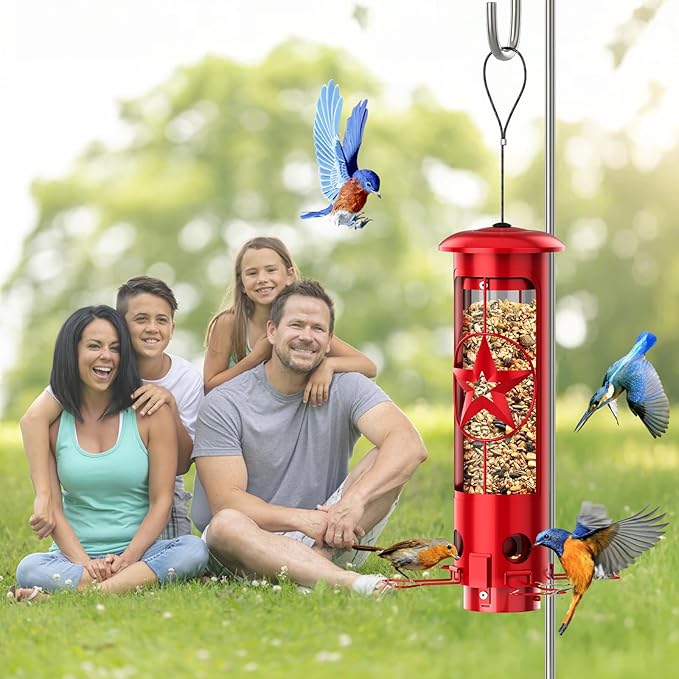 Squirrel Proof Bird Feeders for Outdoors Hanging, Metal Squirrel Proof Bird Feeder with Gravity Protection, 3LB Large Capacity Wild Bird Feeders for Outside Finch, Cardinal, Blue Jay (Red)-VerdiqueGarden