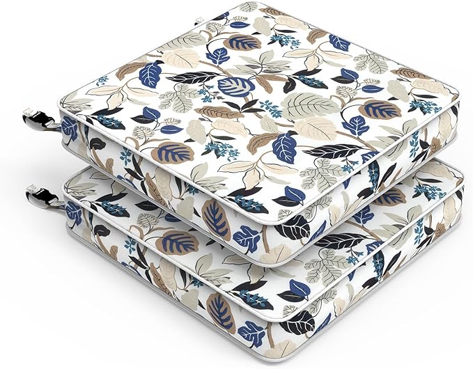 LVTXIII Patio Chair Cushions 22"x22"x3", Water-Repellent Outdoor Seat Cushions for Patio Furniture, Square Chair Pads with Ties for Home Garden Decoration, Set of 2, Breeze Leaves Beige-VerdiqueGarden