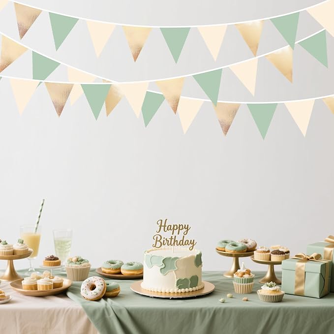 Sage Green Beige Champagne Gold Party Decorations Metallic Fabric Triangle Pennant Banner Bunting Flag Garland for Baby Shower Birthday Wedding Engagement Bridal Shower Graduation Decoration Supplies-VerdiqueGarden