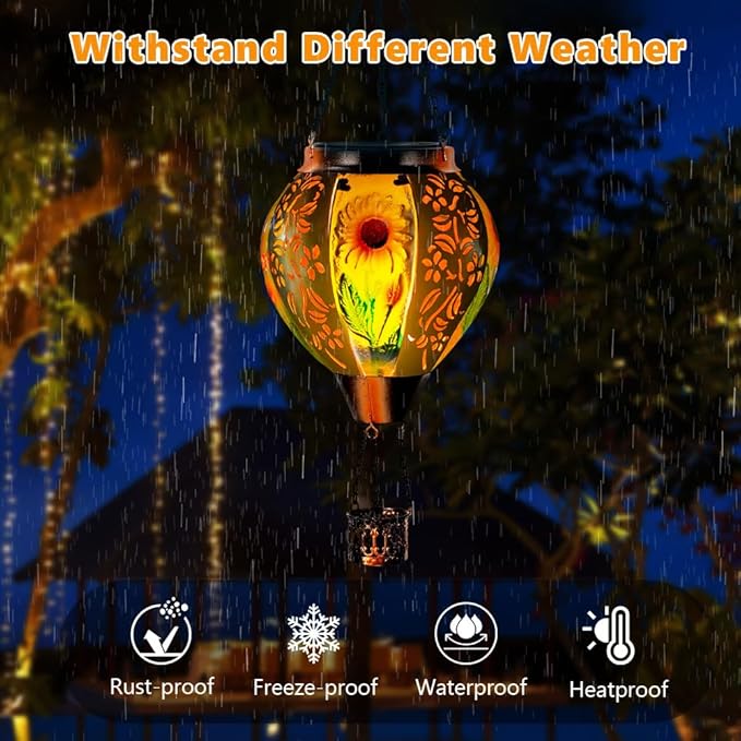 Starsoul Sunflowers Hot Air Balloon Solar Lantern Metal & Glass Solar Hot Air Balloon Hanging Garden Light Waterproof Outdoor Lantern for Patio Yard Party Decorations-VerdiqueGarden