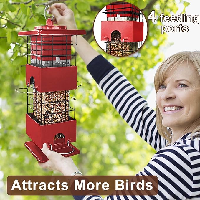 Squirrel Proof Bird Feeder, 3LBS Large Capacity Hanging Bird Feeders for Outdoors, Weight-Activated Perches Metal Anti-Squirrel Birdfeeder for Blue Jay, Cardinal, Outside (Red)-VerdiqueGarden