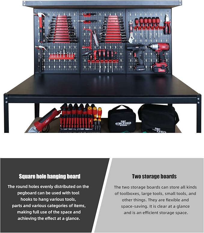 48inch Workbench with Peg Board, Multipurpose Tool Organizer and Work Bench with Double Storage Platform, Workbench in Garage Workshop (48" x 24" x 61")-VerdiqueGarden