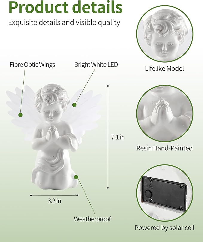 iStatue Solar Praying Cherub Angel Light with Fibre Optic Wings - 7.1'' Sympathy Remembrance Memorial Gift for Grave Ornaments Garden Decor (Kneeling Angel)-VerdiqueGarden