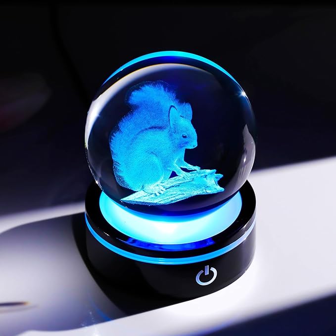 YWHL 3D Squirrel Figurine Crystal Ball with Colorful Light Base, Squirrel Gifts for Women Men on Christmas Birthday, 3D Laser Engraved Squirrel Ornament Glass Decorative Ball for Home Decor (80mm)-VerdiqueGarden