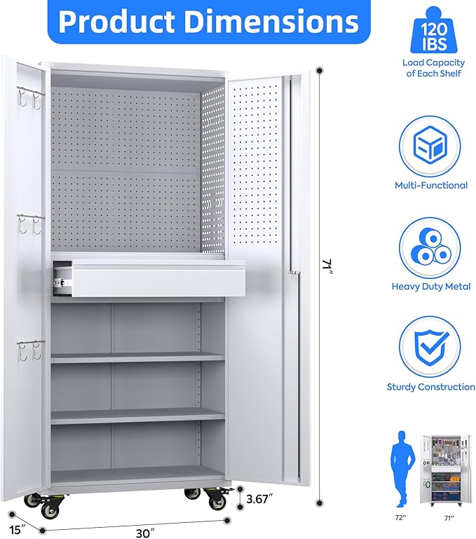 Garage Storage Cabinet with Locking Doors and 2 Adjustable Shelves, 71" H Metal Rolling Tool Storage Cabinet with Wheels, Drawer, Pegboard and 16 Hooks for Garage, Warehouse, White and Gray-VerdiqueGarden