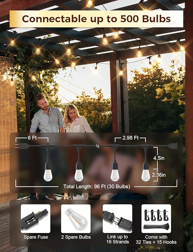 XMCOSY+ 96FT Outdoor String Lights, Patio Lights Outdoor Waterproof with 32 Shatterproof Bulbs, LED Hanging Light for Outside Porch Backyard Garden Party Balcony Decor-VerdiqueGarden