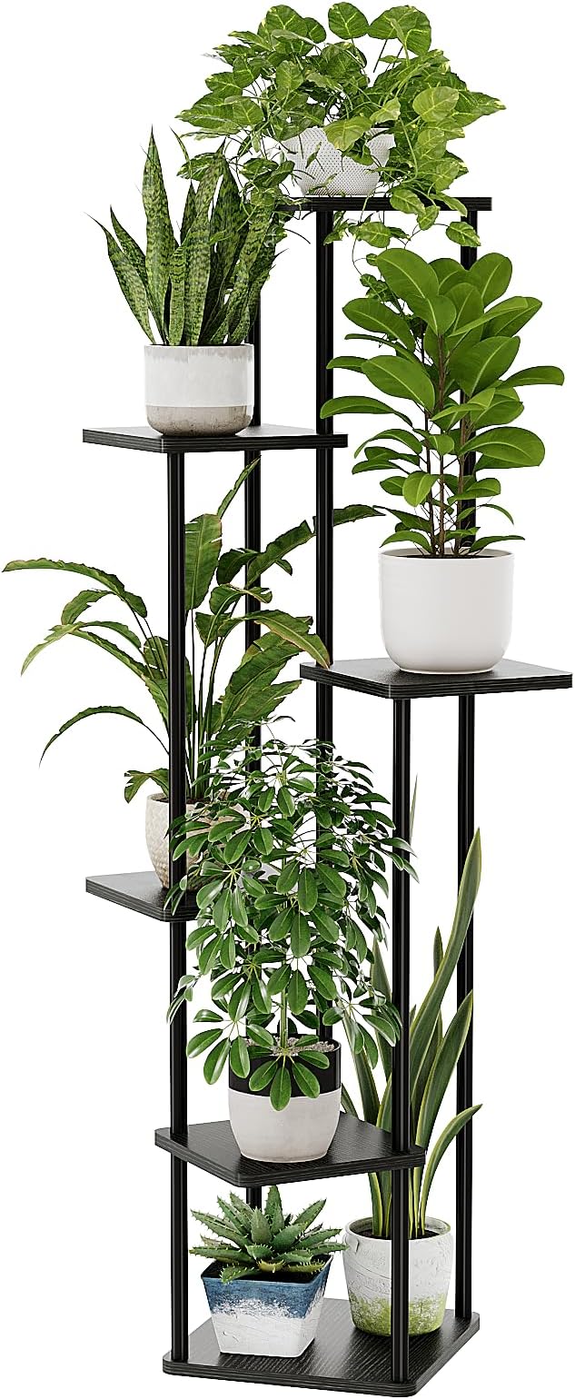 Bamworld 6 Tier Plant Stand Indoor, Tall Metal Plant Shelf for Multiple Plants, Corner Tiered Flower Stand for Patio Garden Balcony Living Room Bedroom(Black)-VerdiqueGarden