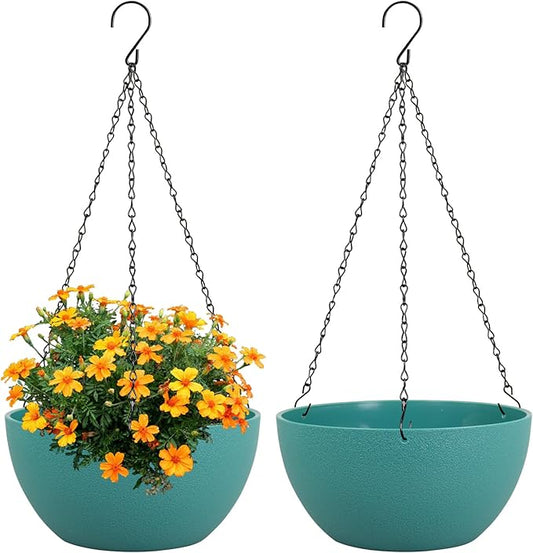 10 inch Hanging Planters for Indoor Outdoor Plants, 2 Pack Hanging Flower Pots with Drainage Holes and Chain for Garden Porch, Plastic Hanging Baskets for House Plants, Blue Green-VerdiqueGarden