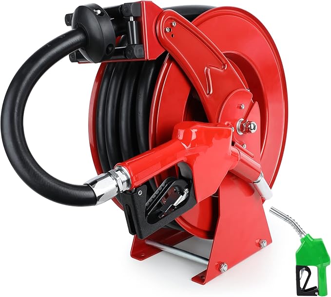 Fuel Hose Reel with Fueling Nozzle, 3/4" x 50FT Retractable Diesel Hose Reel, 300 PSI Industrial Heavy Duty Auto Swivel Rewind Hose Holder Reels, for Vehicle Tank Truck Trailer Ship-VerdiqueGarden