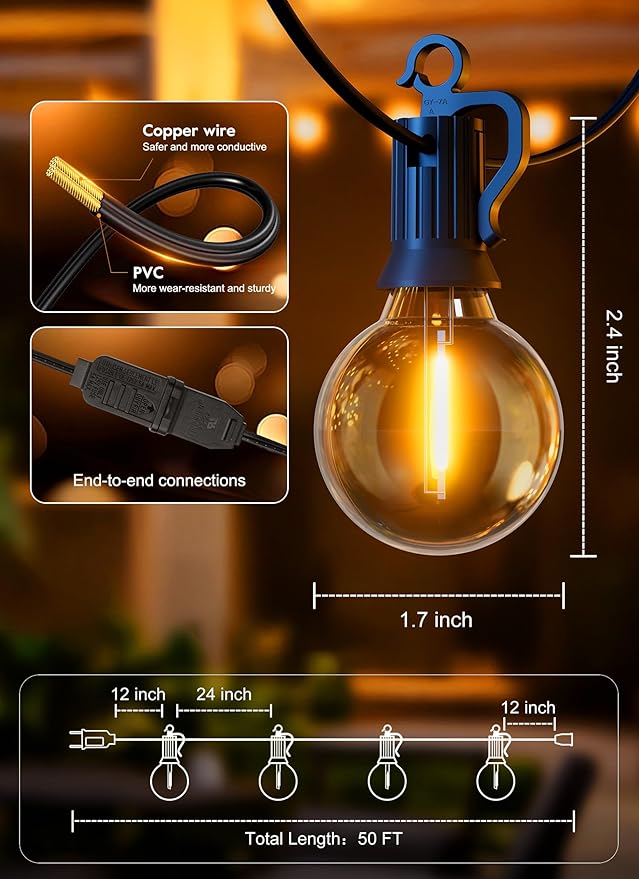 Brightown Outdoor String Lights - Connectable Dimmable LED Patio String Lights with G40 Globe Plastic Bulbs, All Weatherproof Hanging Lights for Outside Backyard Porch (50 ft - 25 LED Bulbs)-VerdiqueGarden