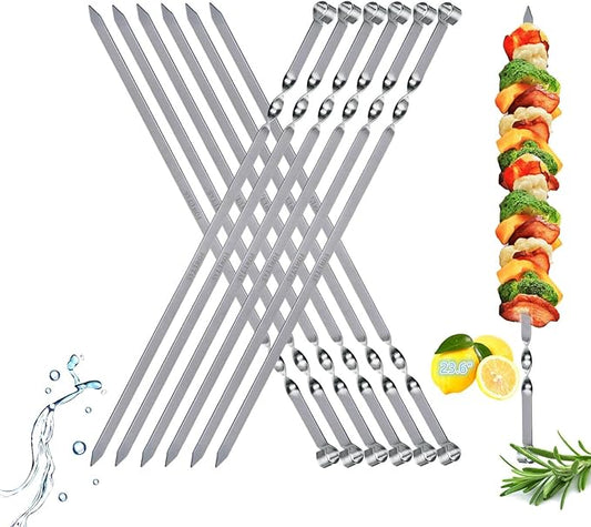 Large Metal Skewers For Grilling,Shish Kebab Skewer 23.6" Skewers For Kabobs Flat Barbecue Skewer Stainless Steel BBQ Grill Stick for Meat, Chicken, Shrimp, Fruit, Vegetables-VerdiqueGarden