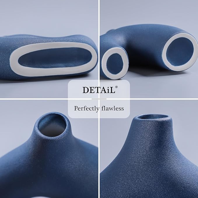 CEMABT Blue Ceramic Vase Set of 2 for Modern Minimalist Bohemian Decor，Round Matte Donut Vases for Pampas Grass-Perfect for Living Room, Dining Table, Office Bedroom Shelf Decor Entryway, Console-VerdiqueGarden