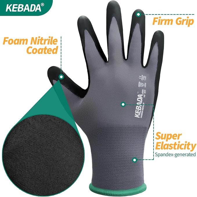 Kebada Work Gloves for Men and Women, Foam Nitrile Coated Safety Gloves with Grip, Ideal for Warehouse Package Handling, Gardening, Mechanic and Construction, Small-VerdiqueGarden